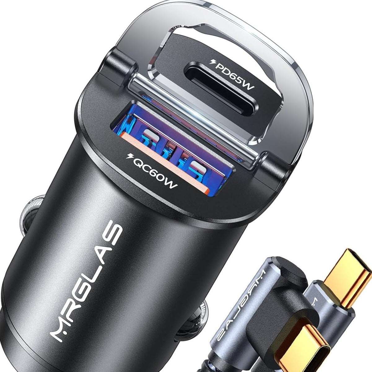 125W Fast Car Charger for iPhone 15 , PD65W & QC60W USB C with 3.3ft Nylon Type C Cable Right Angle - Haassue