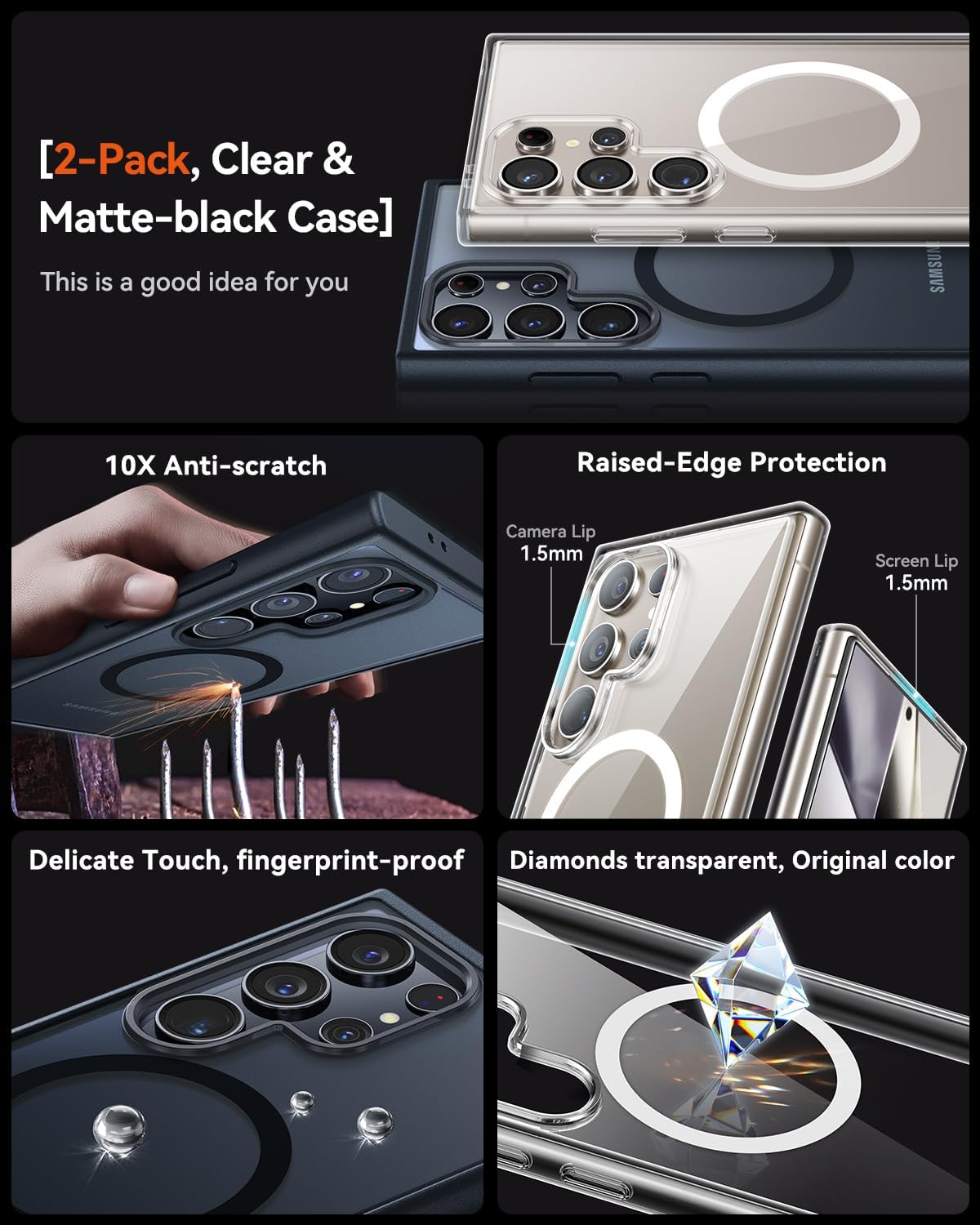 2-Pack Magnetic for Samsung Galaxy S24 Ultra Case Shockproof Slim Anti-Scratch - Haassue
