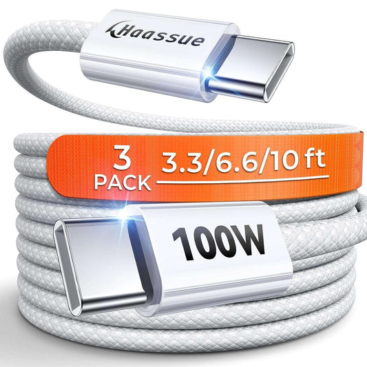 3-Pack 100W/5A USB C to USB C Cable [10ft/6.6ft/3.3ft][Super Fast Charge][Longer Durability] Type C Charger Cord for iPhone 15/15 Plus/15 Pro Max Samsung S24 Ultra iPad Pro Air MacBook Pro Air
