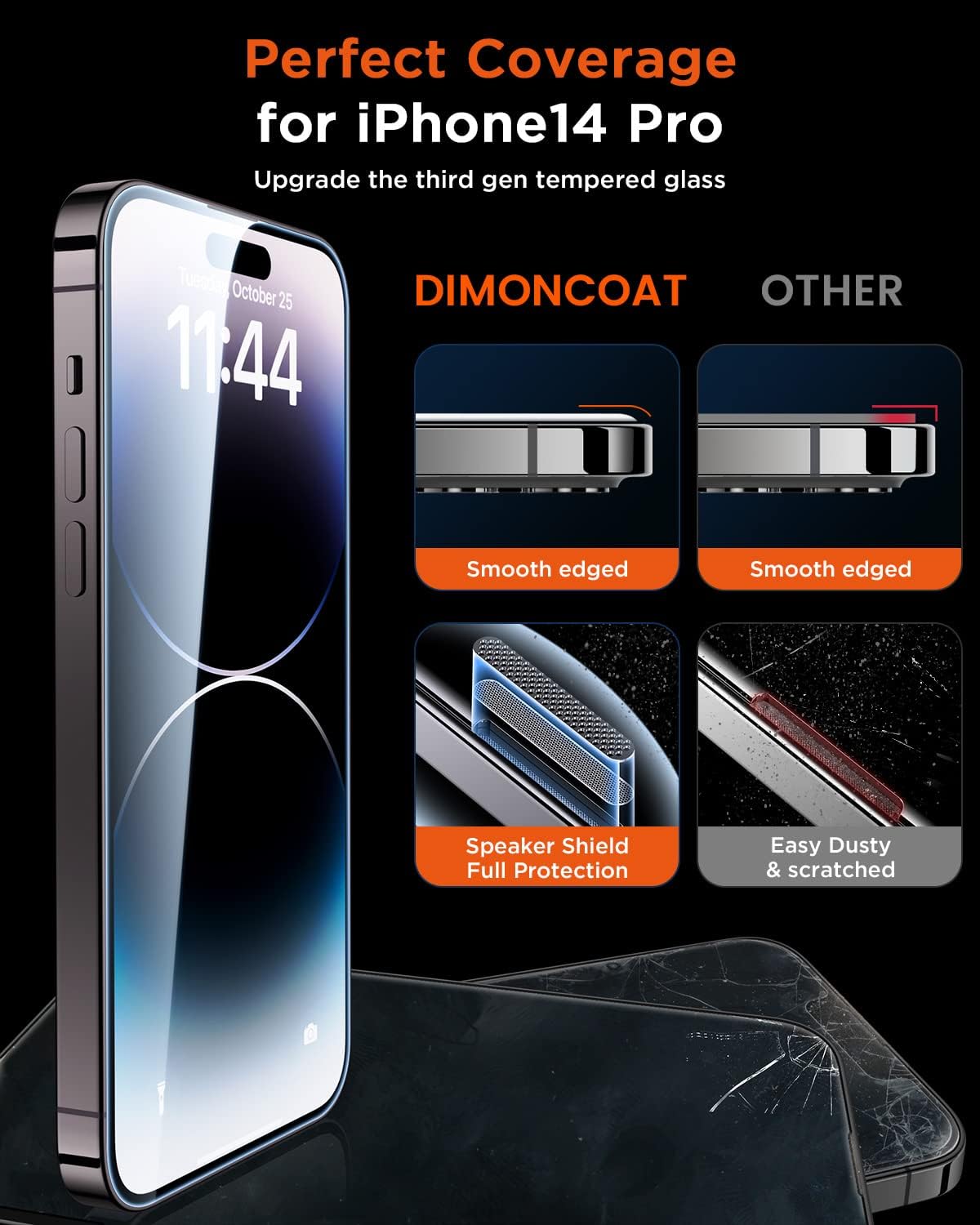 [4+2 Pack[Auto Alignment Kit] Screen Protector Compatible iPhone 14 Pro ， iPhone 14 Pro Max  with Camera Lens Protector [10X Military Protection] HD Diamonds Hard Tempered Glass Film [Bubble Free] - Haassue