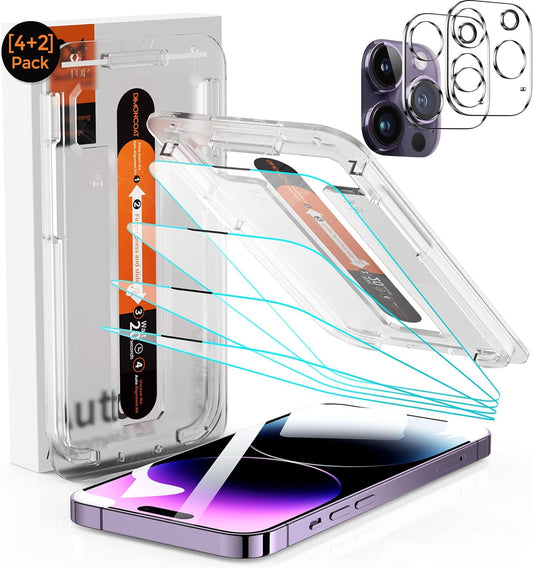 [4+2 Pack[Auto Alignment Kit] Screen Protector Compatible iPhone 14 Pro ， iPhone 14 Pro Max  with Camera Lens Protector [10X Military Protection] HD Diamonds Hard Tempered Glass Film [Bubble Free] - Haassue