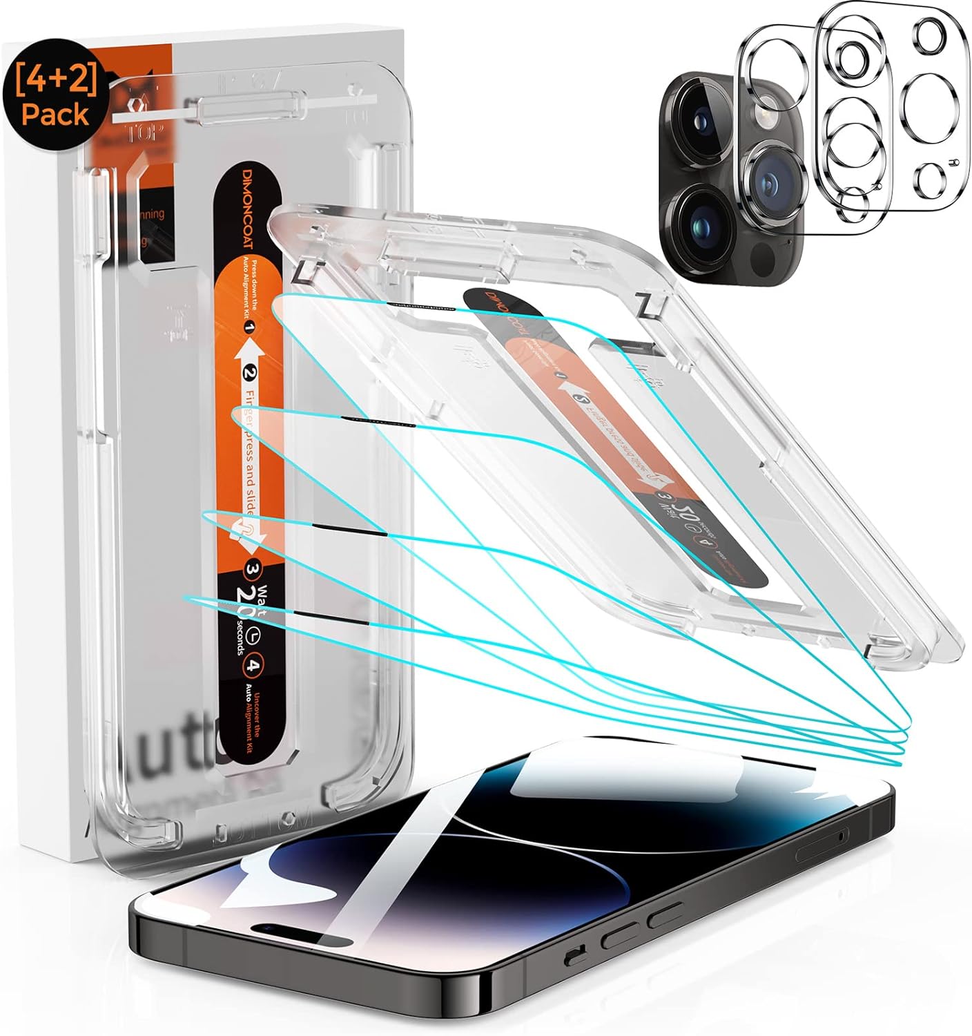 [4+2 Pack[Auto Alignment Kit] Screen Protector Compatible iPhone 14 Pro ， iPhone 14 Pro Max  with Camera Lens Protector [10X Military Protection] HD Diamonds Hard Tempered Glass Film [Bubble Free] - Haassue