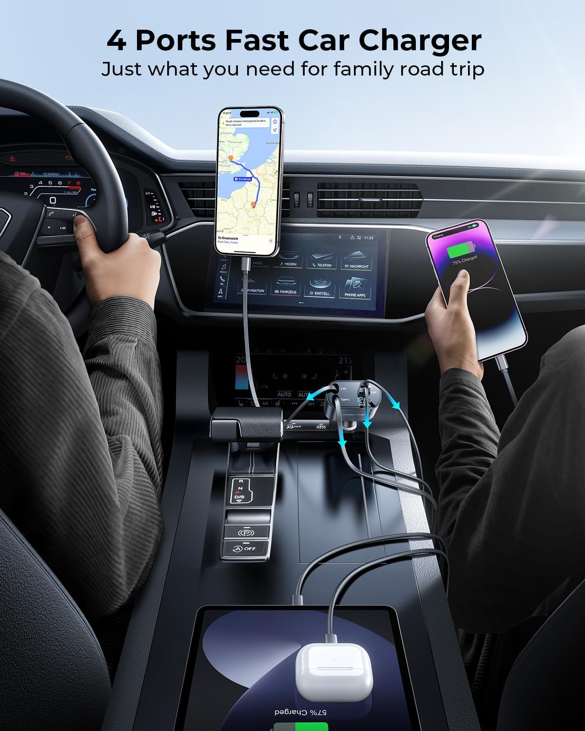 4 in 1 Retractable Car Charger, MRGLAS 60W Super Fast USB C Car Charger Adapter, 2 Retractable Cables (31.5 inch) & 2 USB Ports Car Phone Charger, for iPhone 15/14/13/12, iPad, Samsung S23/24, Pixel - Haassue