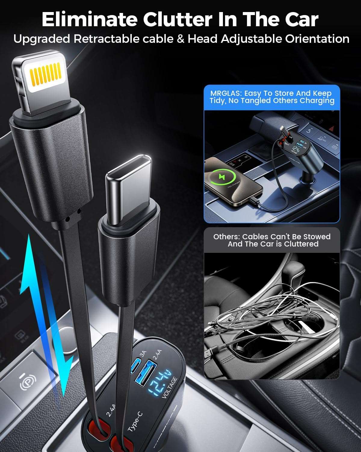 4 in 1 Retractable Car Charger, MRGLAS 60W Super Fast USB C Car Charger Adapter, 2 Retractable Cables (31.5 inch) & 2 USB Ports Car Phone Charger, for iPhone 15/14/13/12, iPad, Samsung S23/24, Pixel - Haassue