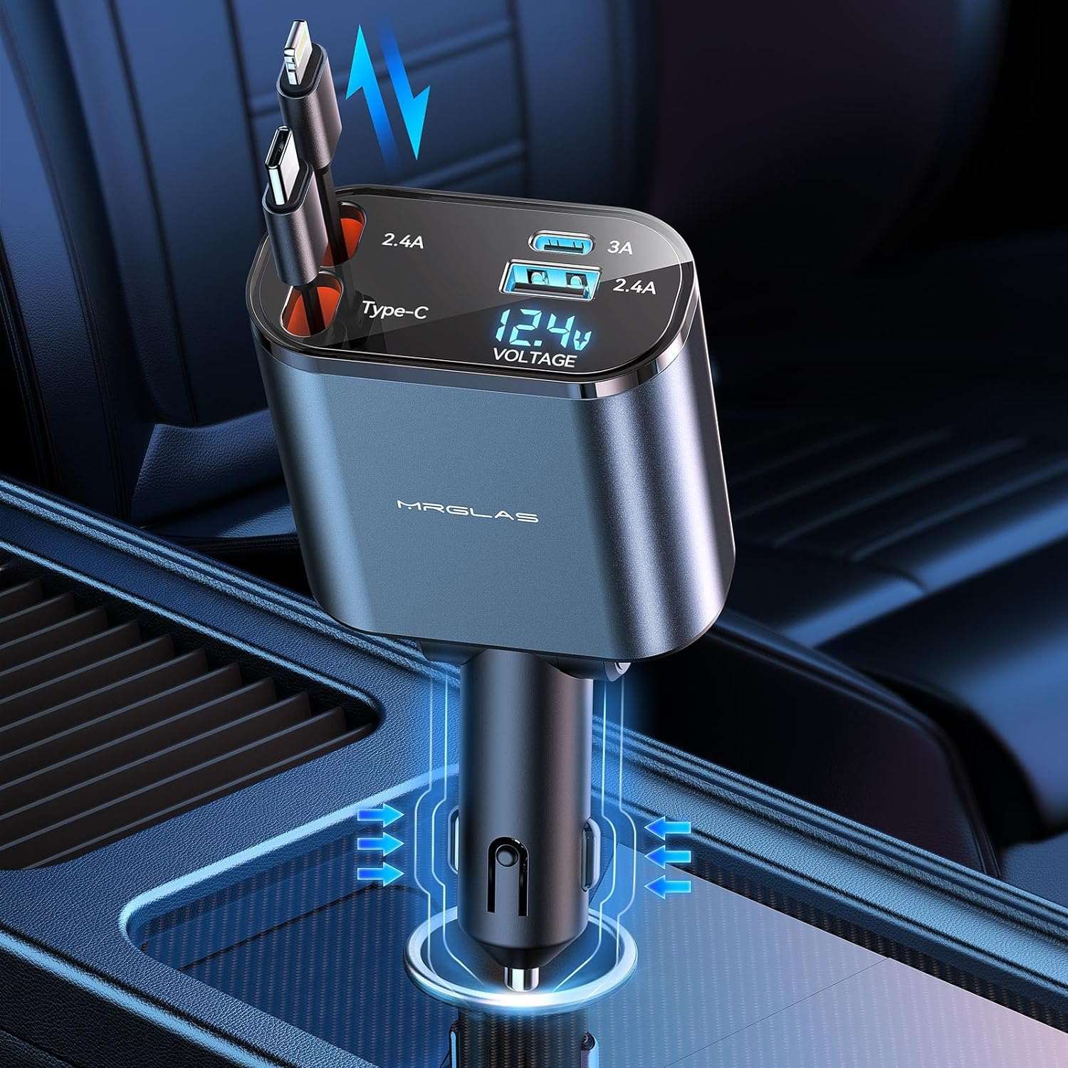 4 in 1 Retractable Car Charger, MRGLAS 60W Super Fast USB C Car Charger Adapter, 2 Retractable Cables (31.5 inch) & 2 USB Ports Car Phone Charger, for iPhone 15/14/13/12, iPad, Samsung S23/24, Pixel - Haassue