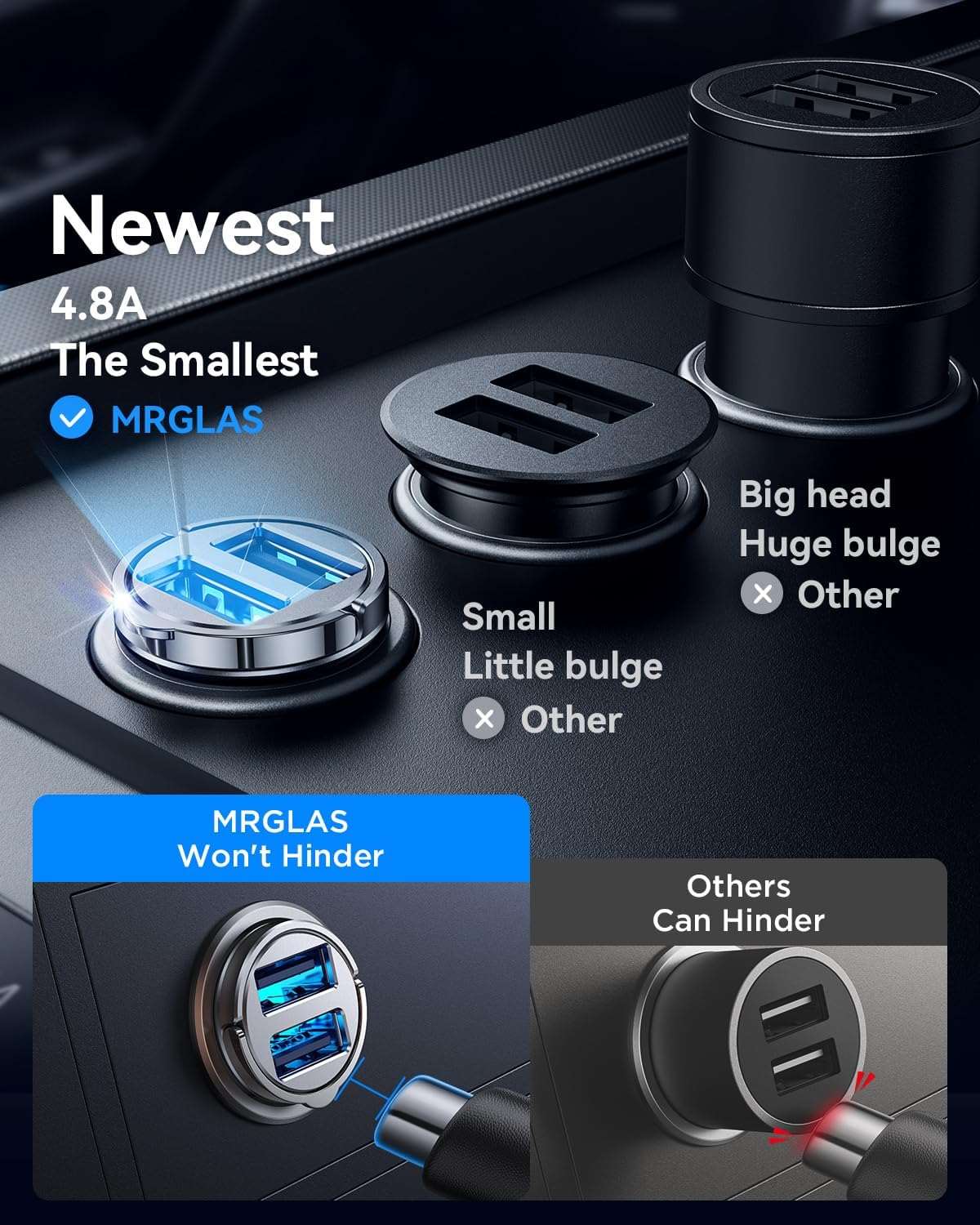 Car Charger, 4.8A [Pull Ring Design] Cigarette Lighter USB Charger,[Smallest All Metal] USB Car Charger Dual Port Car Charger Adapter Compatible with iPhone 14/13/12/11 Samsung Note 9/S10/S9/S8 - Haassue