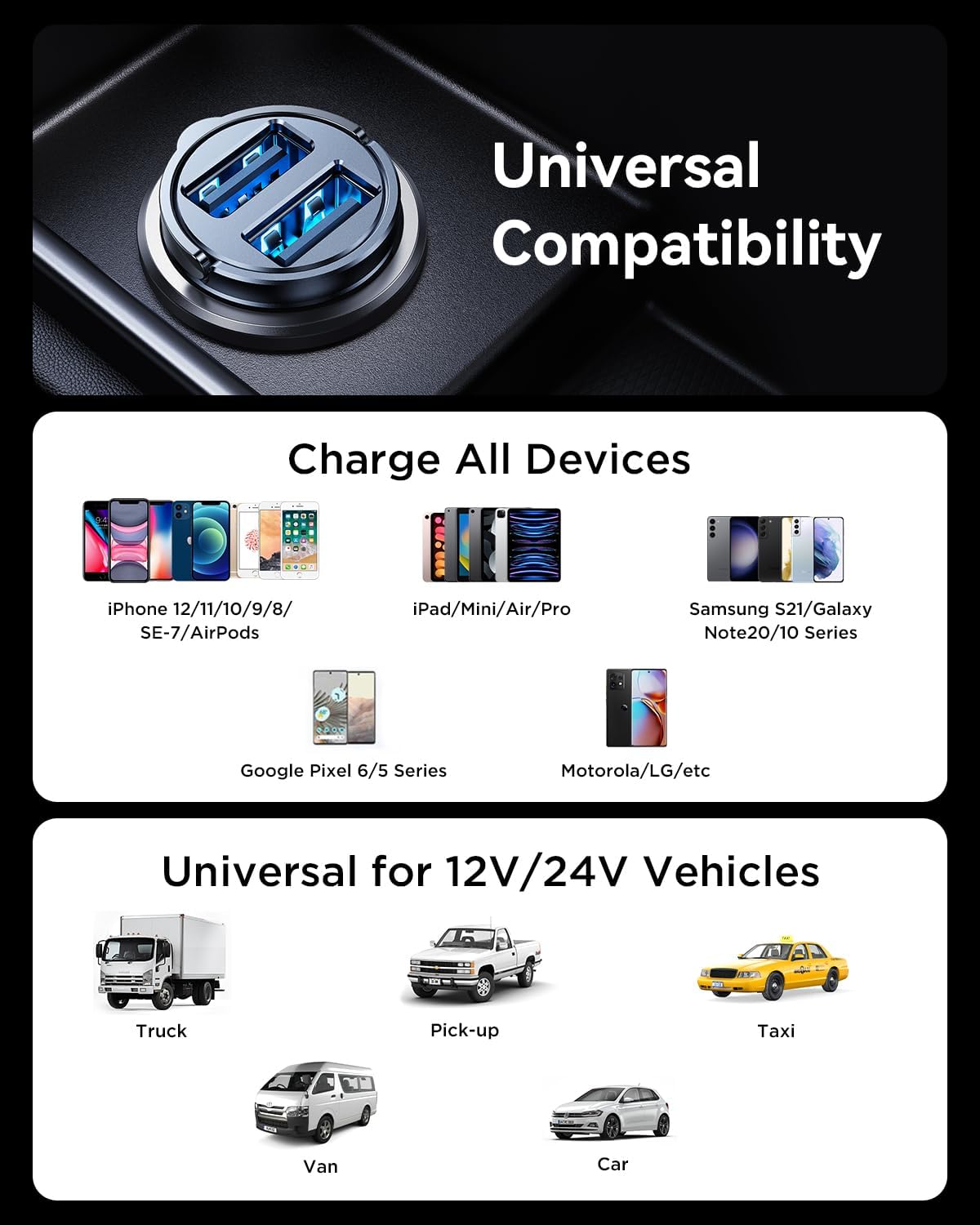 Car Charger, 4.8A [Pull Ring Design] Cigarette Lighter USB Charger,[Smallest All Metal] USB Car Charger Dual Port Car Charger Adapter Compatible with iPhone 14/13/12/11 Samsung Note 9/S10/S9/S8 - Haassue