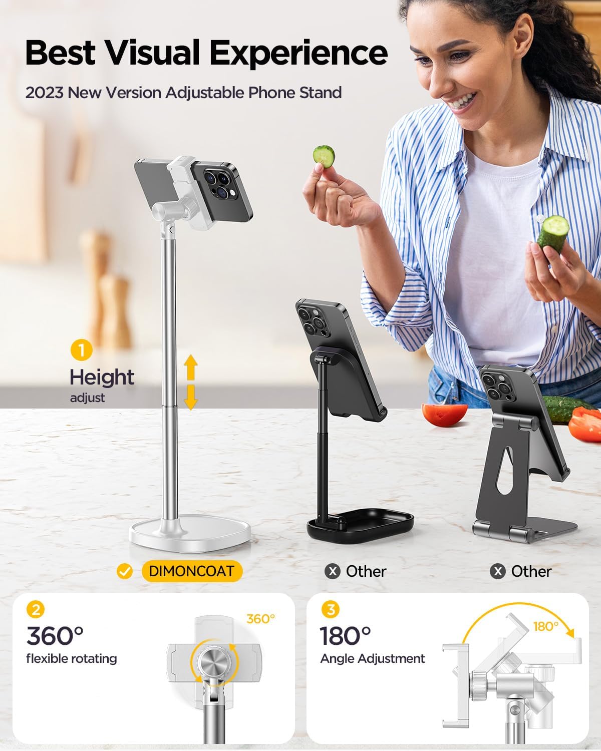 Cell Phone Stand for Desk, Angle Height Adjustable Phone Holder for Desk, Aluminum Alloy Universal Phone Stand Recording, Retractable iPhone Stand Holder Office for iPhone 15 Pro Max -White - Haassue