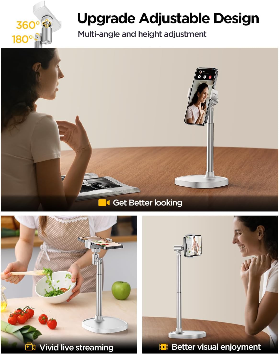 Cell Phone Stand for Desk, Angle Height Adjustable Phone Holder for Desk, Aluminum Alloy Universal Phone Stand Recording, Retractable iPhone Stand Holder Office for iPhone 15 Pro Max -White - Haassue