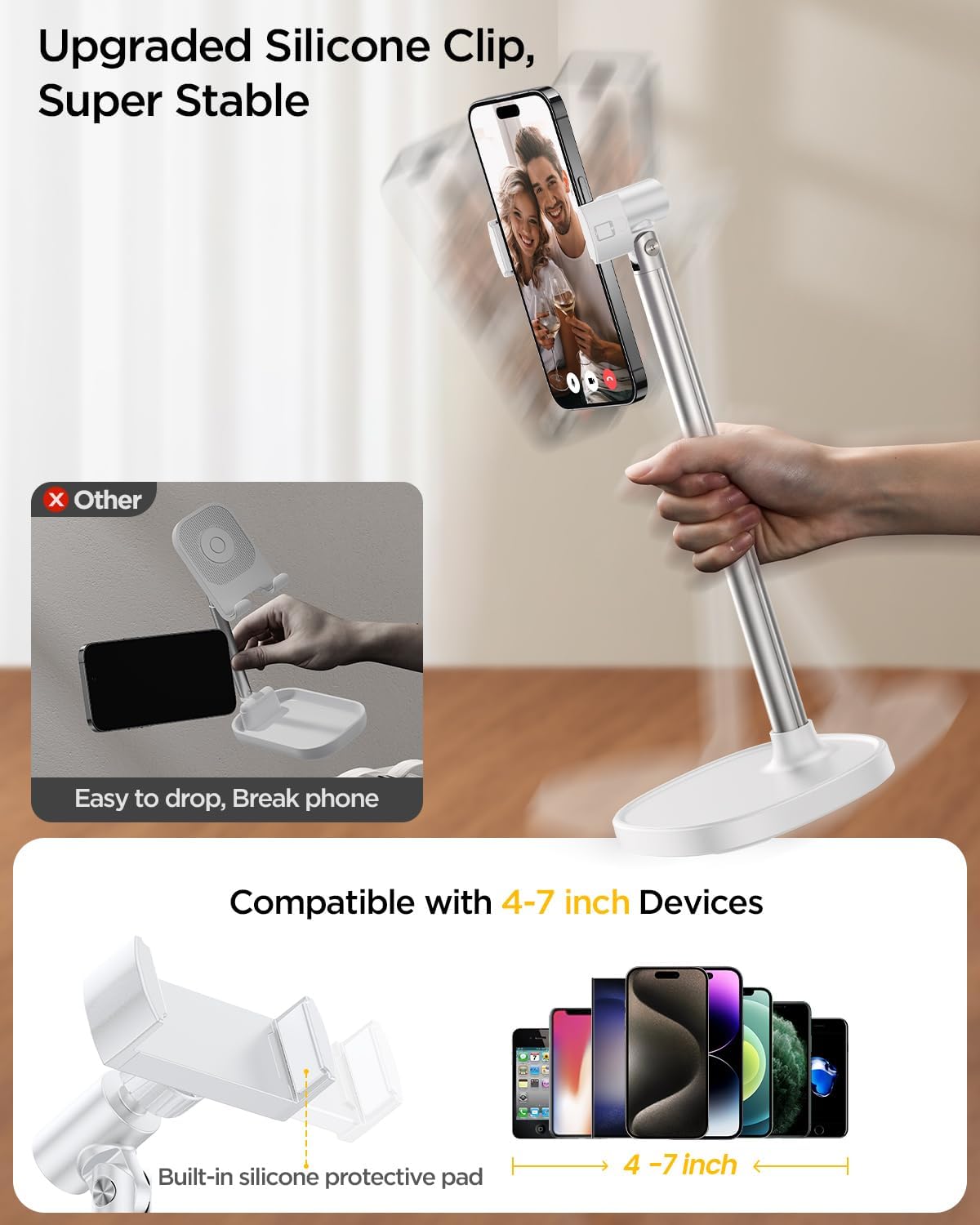 Cell Phone Stand for Desk, Angle Height Adjustable Phone Holder for Desk, Aluminum Alloy Universal Phone Stand Recording, Retractable iPhone Stand Holder Office for iPhone 15 Pro Max -White - Haassue