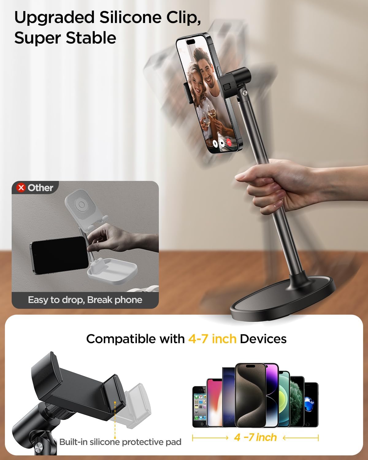 Cell Phone Stand for Desk, Angle Height Adjustable Phone Holder for Desk, Aluminum Alloy Universal Phone Stand Recording, Retractable iPhone Stand Holder Office for iPhone 15 Pro Max Plus - Haassue