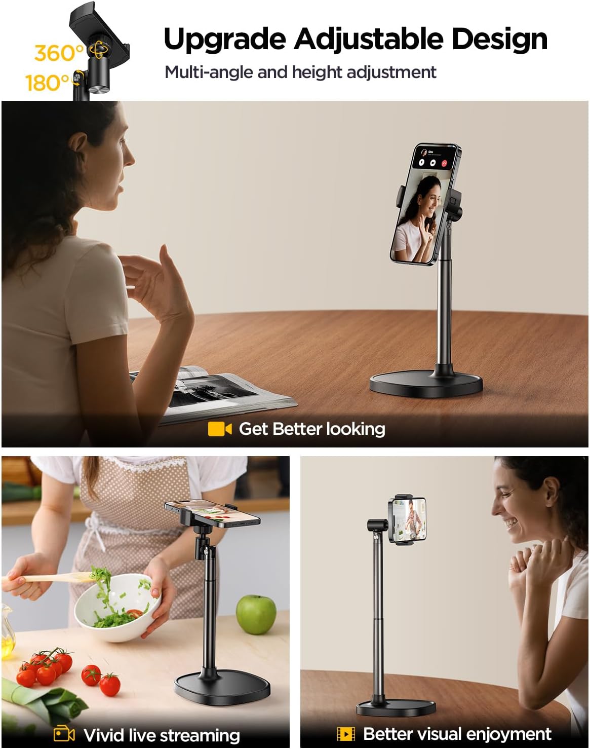 Cell Phone Stand for Desk, Angle Height Adjustable Phone Holder for Desk, Aluminum Alloy Universal Phone Stand Recording, Retractable iPhone Stand Holder Office for iPhone 15 Pro Max Plus - Haassue