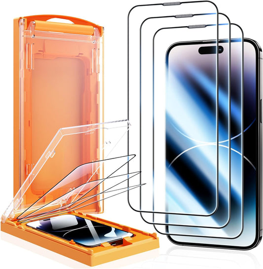 MRGLAS 3-Pack [Zero Bubble] Screen Protector Compatible iPhone 14 Pro 6.1'' [Auto Install Cabin][10X Military Protection] iPhone 14 Pro Shatterproof Full Coverage HD Hard Tempered Glass - Haassue