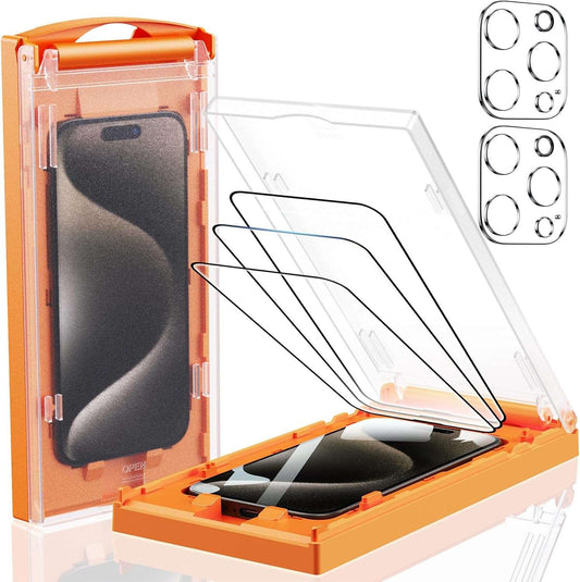 MRGLAS 3+2 Packs for iPhone 15 Pro Screen Protector 6.1'' with Camera Lens Protector [Bubble Free, Auto-Dust Removal] Easy Installation [10X Military Protection] HD Tempered Glass - Haassue
