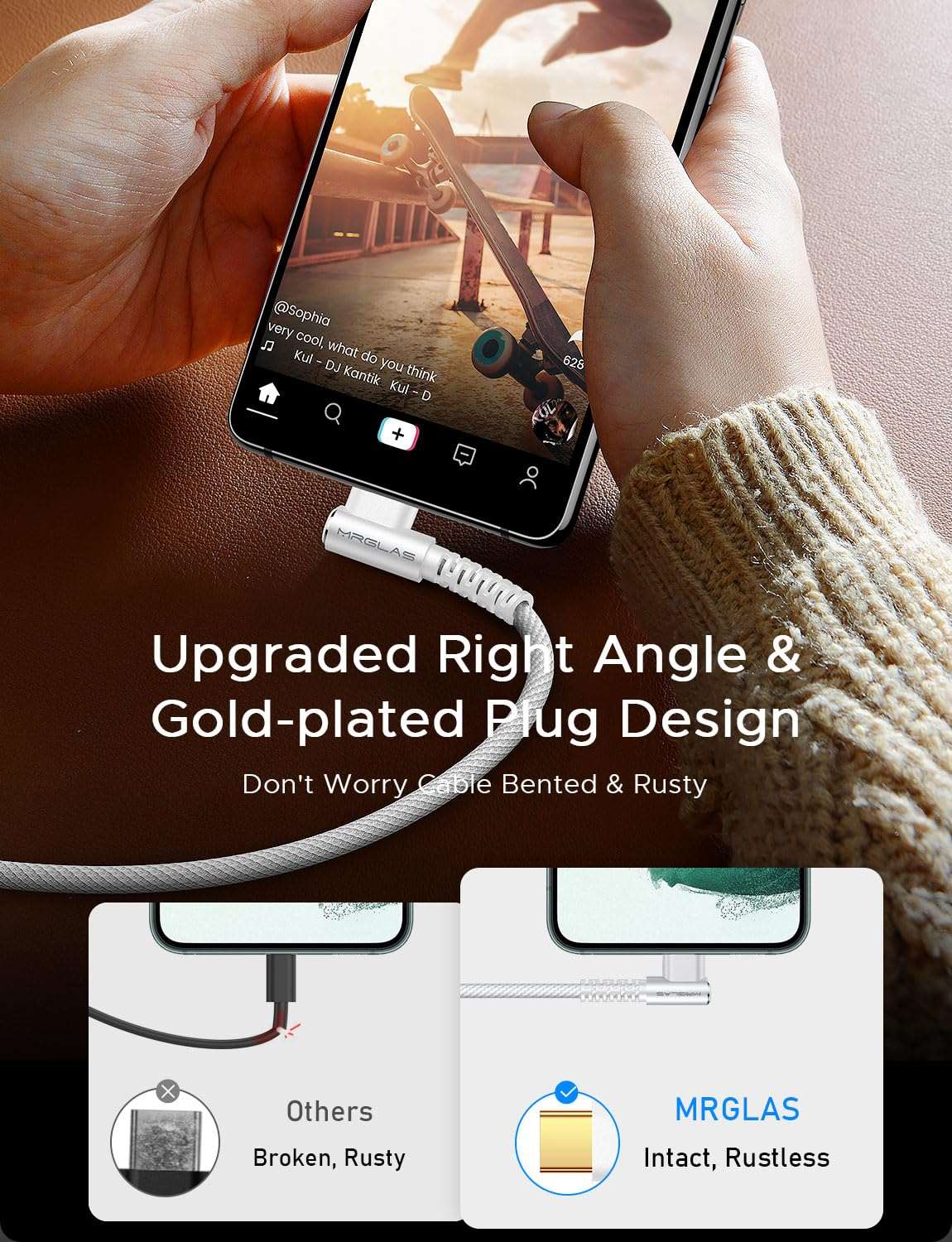 MRGLAS USB C to USB C Cable 60W 3.2A [2-Pack, 6.6+6.6FT] Type C Charger Fast Charging Cable Right Angle Gold-Plated Nylon Braided Cord for iPhone 15 Pro Max Plus Samsung S24 S23 S22 iPad Pro MacBook